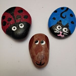 Hand-Painted Animal Stone Decor Set - Red Lady Bug, Blue Cat, Brown Dog